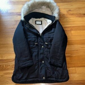 Kids Black Winter Coat with Faux Fur Hood